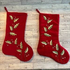 Festive Red velvet Holiday Stockings with Green Holly embroidered Design set 2